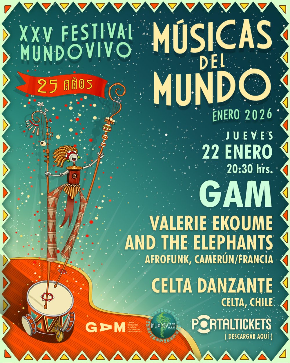 Flyer XXV FESTIVAL MUNDOVIVO DE MÚSICAS DEL MUNDO SIDESHOWS EN FITAM / GAM