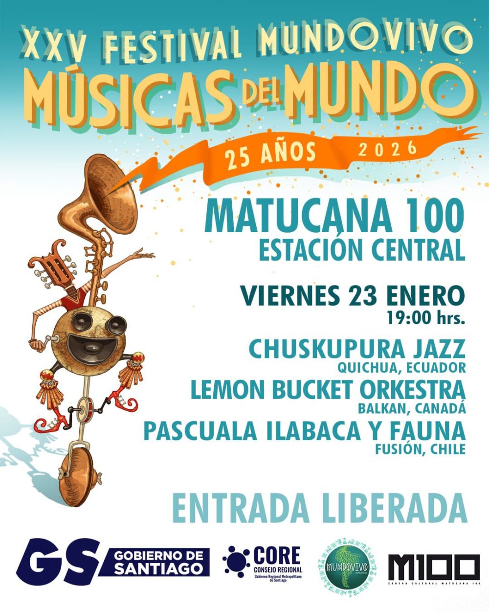 Flyer XXV FESTIVAL MUNDOVIVO DE MÚSICAS DEL MUNDO EN M100