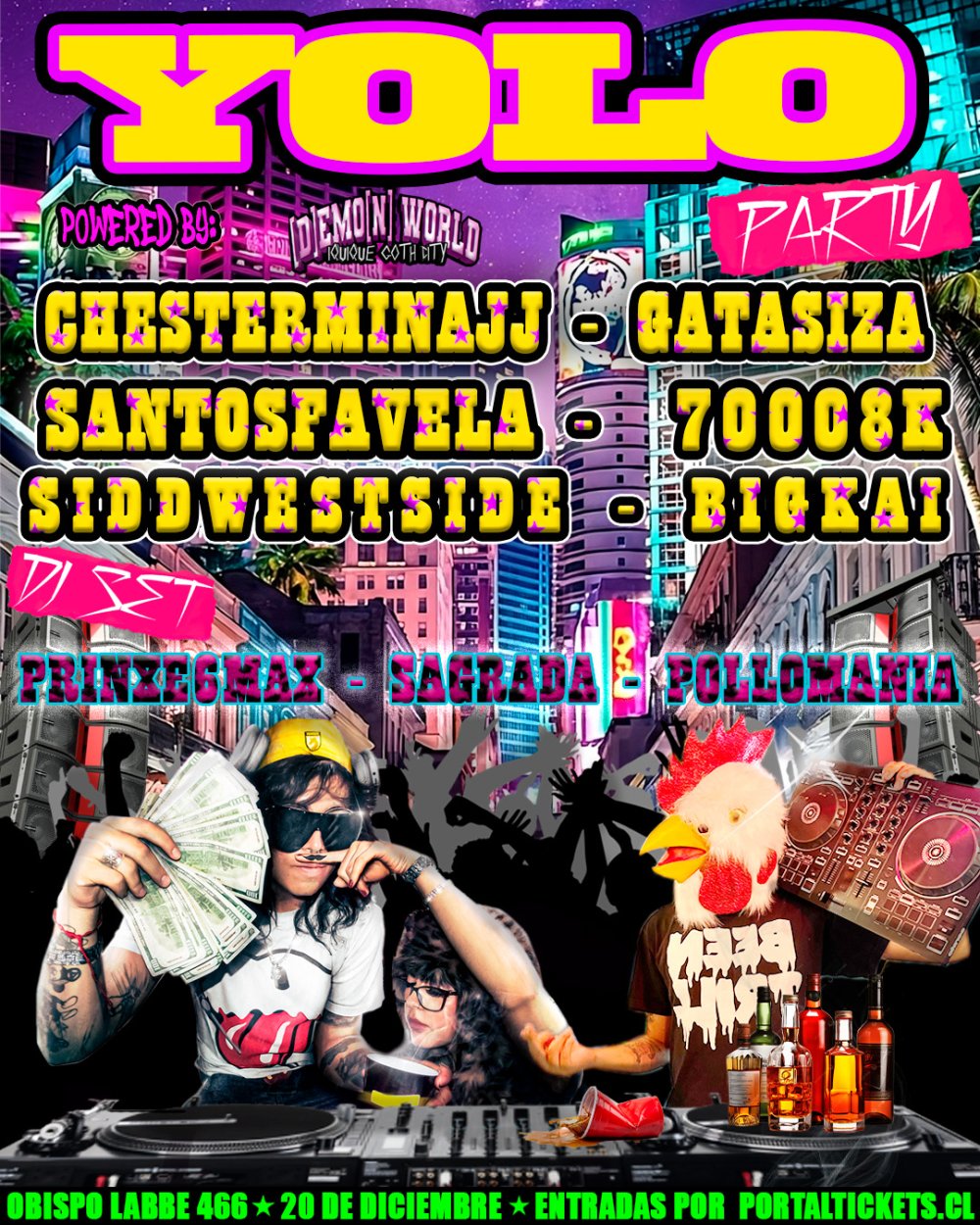 Flyer YOLO PARTY (BY [D]EMO[N] WORLD) EN DEMOCRATICO BAR, IQUIQUE