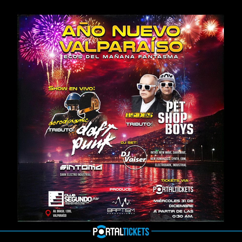 Flyer FIESTA DE AÑO NUEVO: ECOS DEL MAÑANA FANTASMA EN CLUB SEGUNDO PISO, VALPARAÍSO