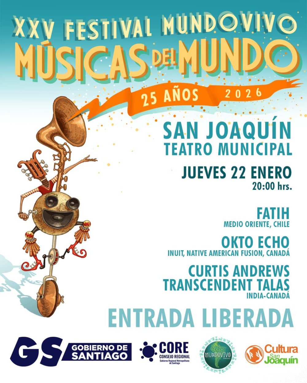 Flyer XXV FESTIVAL MUNDOVIVO DE MÚSICAS DEL MUNDO EN TEATRO MUNICIPAL SAN JOAQUIN
