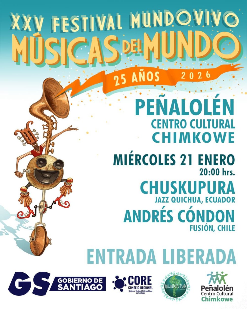 Flyer XXV FESTIVAL MUNDOVIVO DE MÚSICAS DEL MUNDO EN CENTRO CULTURAL CHIMKOWE
