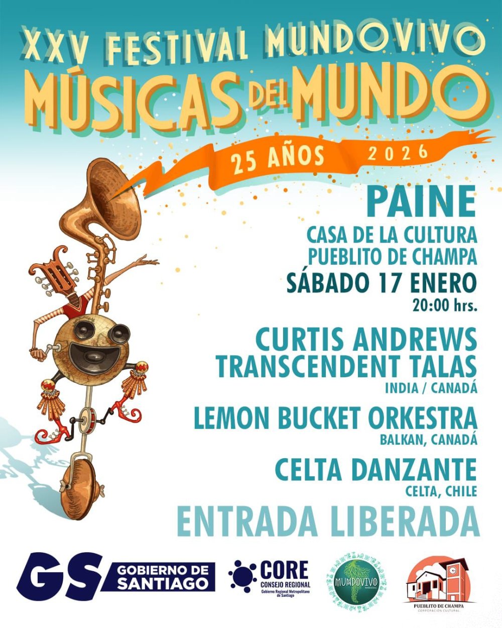 Flyer XXV FESTIVAL MUNDOVIVO DE MÚSICAS DEL MUNDO EN PAINE