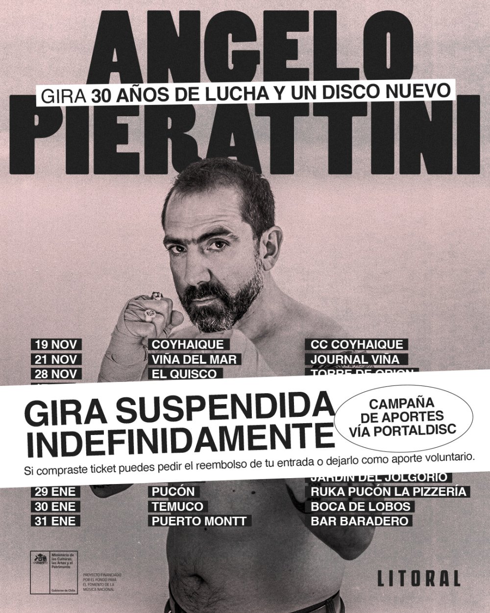Flyer ANGELO PIERATTINI [GIRA] EN 12 LUNAS, LA SERENA - SUSPENDIDO