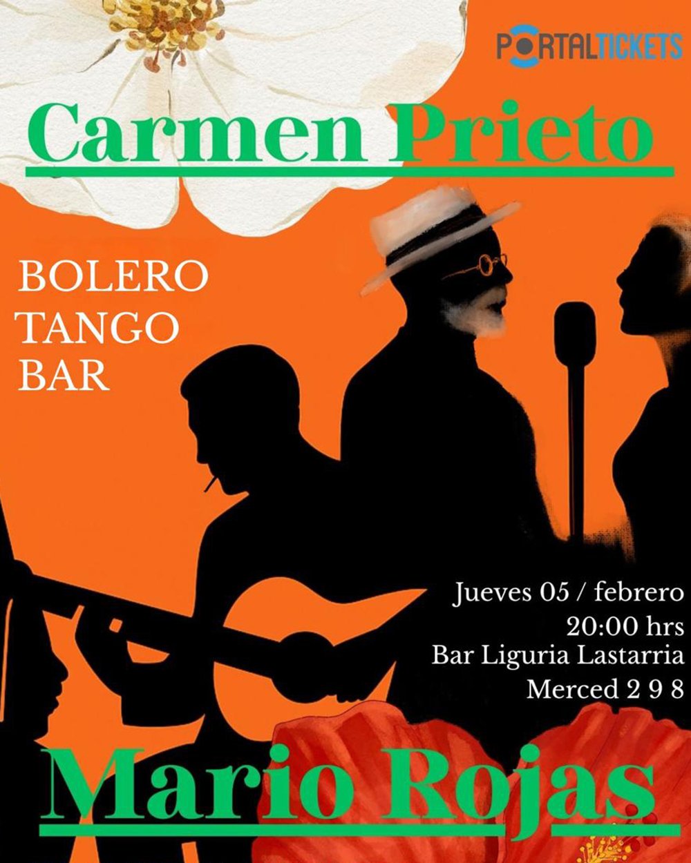 Flyer CARMEN PRIETO + MARIO ROJAS: BOLERO, TANGO, BAR EN BAR LIGURIA LASTARRIA