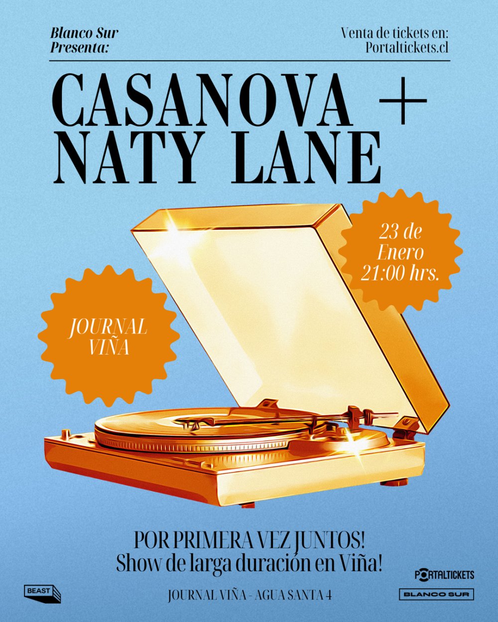 Flyer CASANOVA + NATY LANE EN JOURNAL, VIÑA DEL MAR