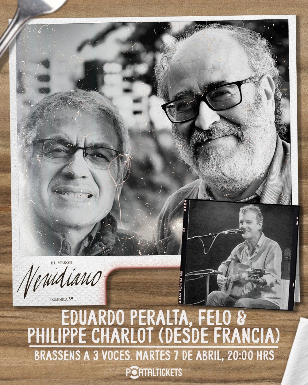 Flyer EDUARDO PERALTA + FELO + PHILIPPE CHARLOT BRASSENS A 3 VOCES Y EN 2 IDIOMAS EN EL MESÓN NERUDIANO