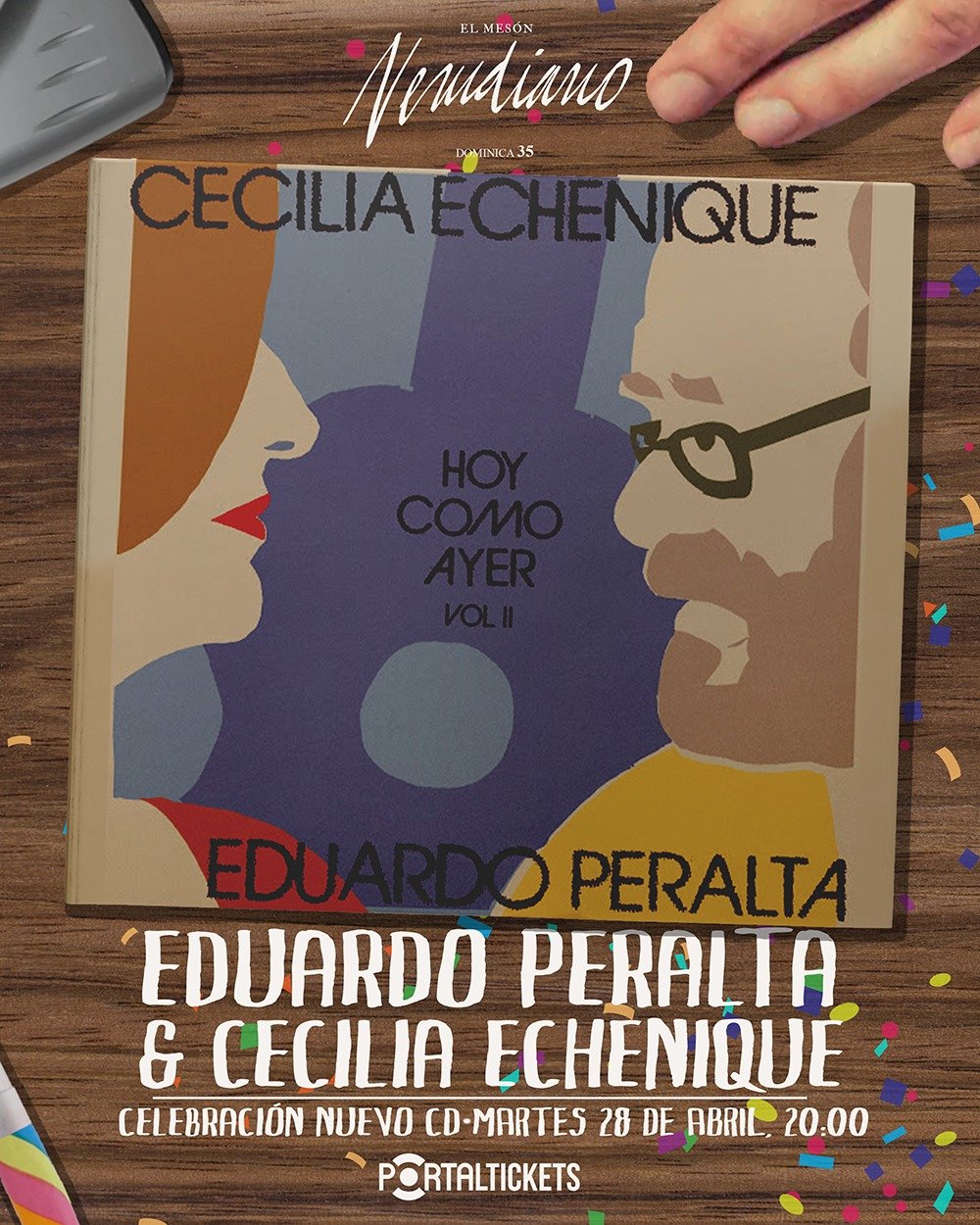 Flyer EDUARDO PERALTA + CECILIA ECHENIQUE CELEBRACIÓN NUEVO CD  EN EL MESÓN NERUDIANO