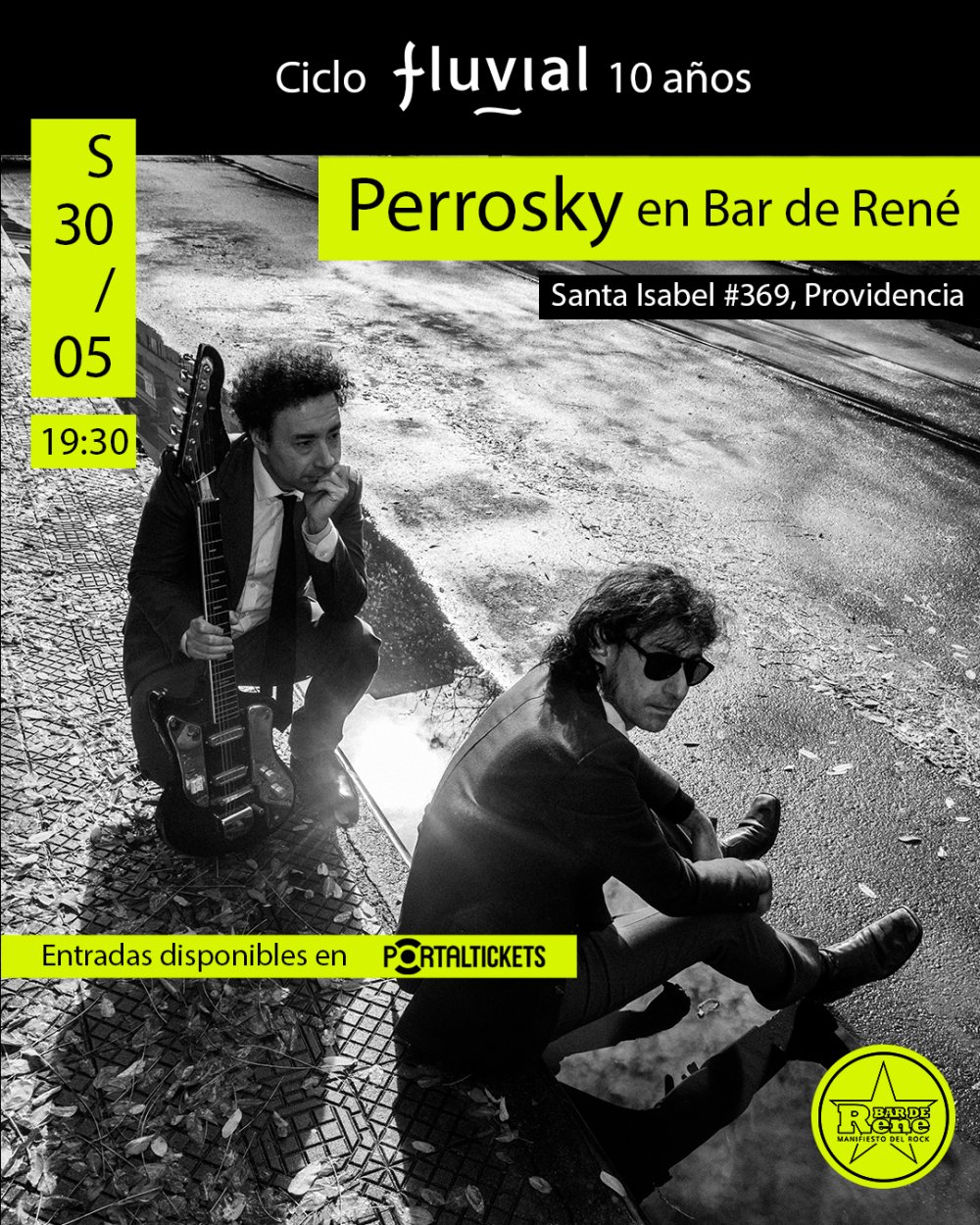 Flyer PERROSKY: CICLO FLUVIAL 10 AÑOS EN BAR DE RENÉ