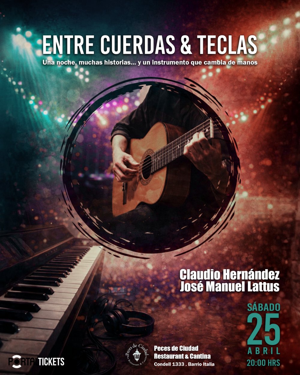 Flyer ENTRE CUERDAS Y TECLAS EN PECES DE CIUDAD