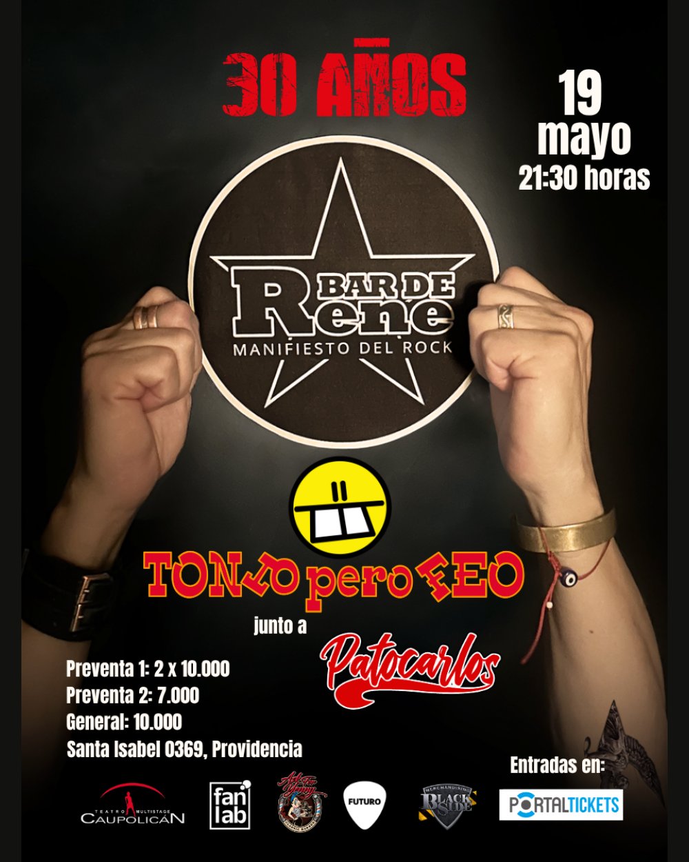 Flyer TONTO PERO FEO + PATOCARLOS EN BAR DE RENÉ 30 AÑOS