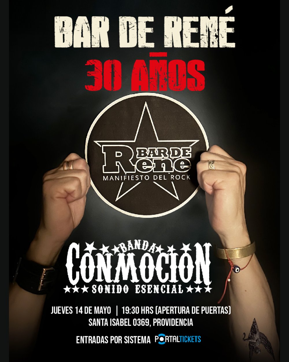 Flyer BANDA CONMOCIÓN EN BAR DE RENÉ - ANIVERSARIO 30 AÑOS