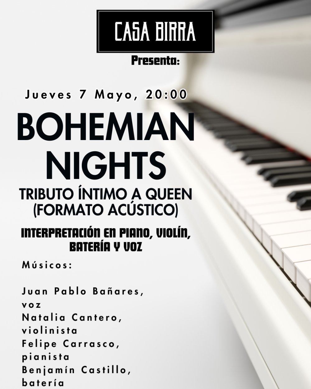 Imagen del evento: BOHEMIAN NIGHTS TRIBUTO ÍNTIMO A QUEEN (FORMATO ACÚSTICO) EN CASA BIRRA