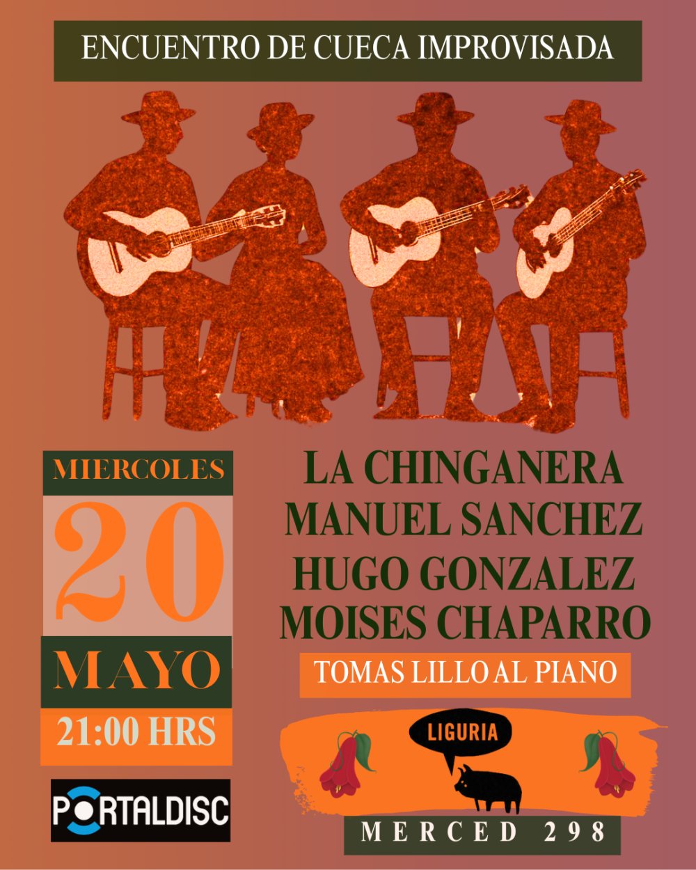 Flyer CUECA Y PAYADORES EN BAR LIGURIA, LASTARRIA