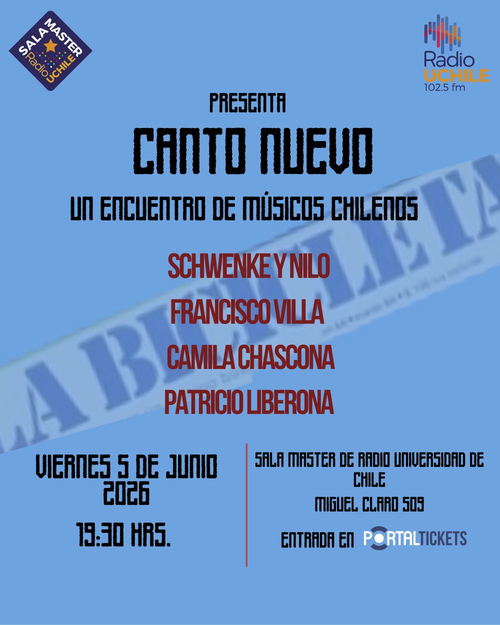 Flyer CANTO NUEVO: UN ENCUENTRO DE MÚSICOS CHILENOS EN SALA MASTER