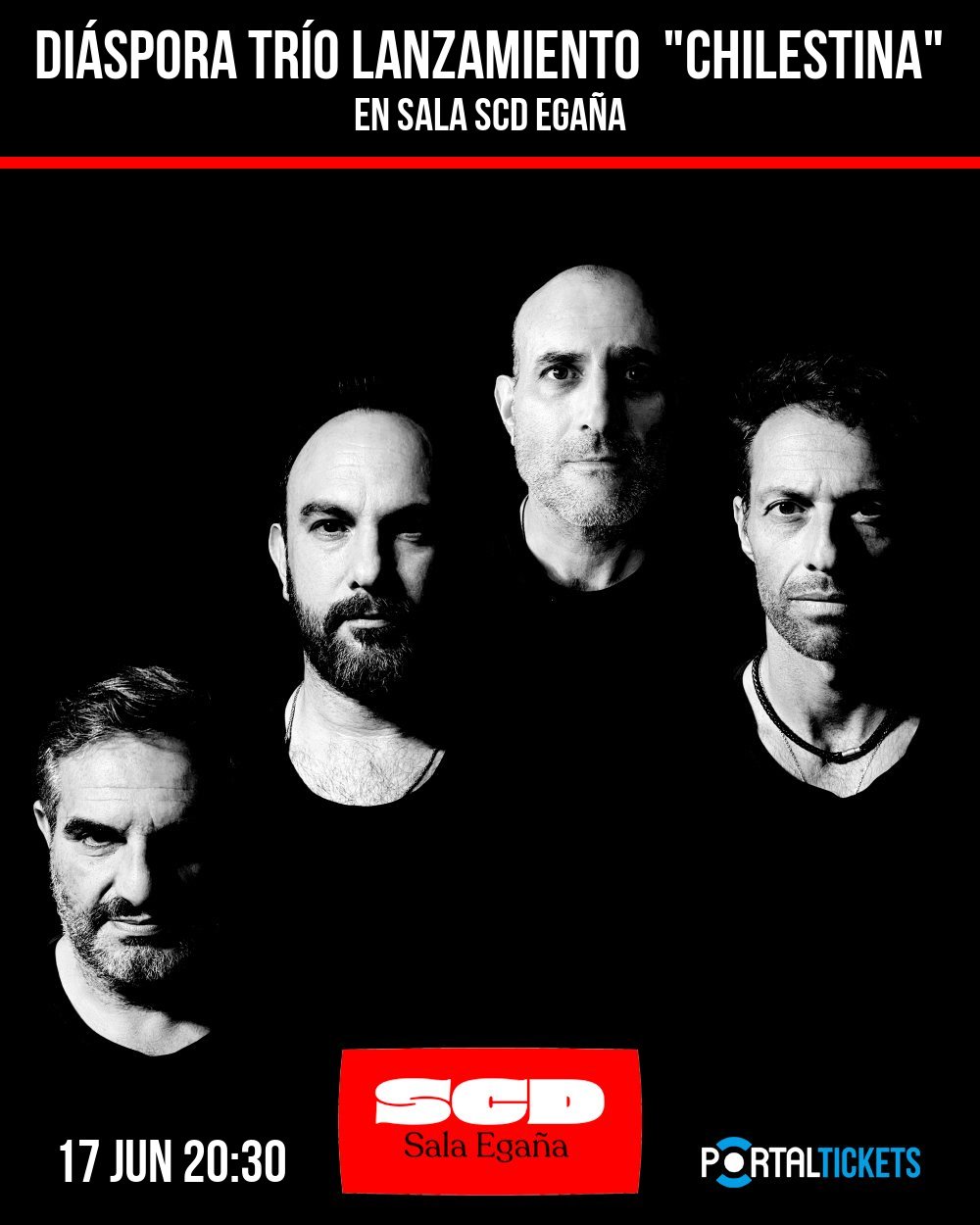 Flyer DIÁSPORA TRÍO LANZAMIENTO DEL DISCO CHILESTINA EN SALA SCD EGAÑA
