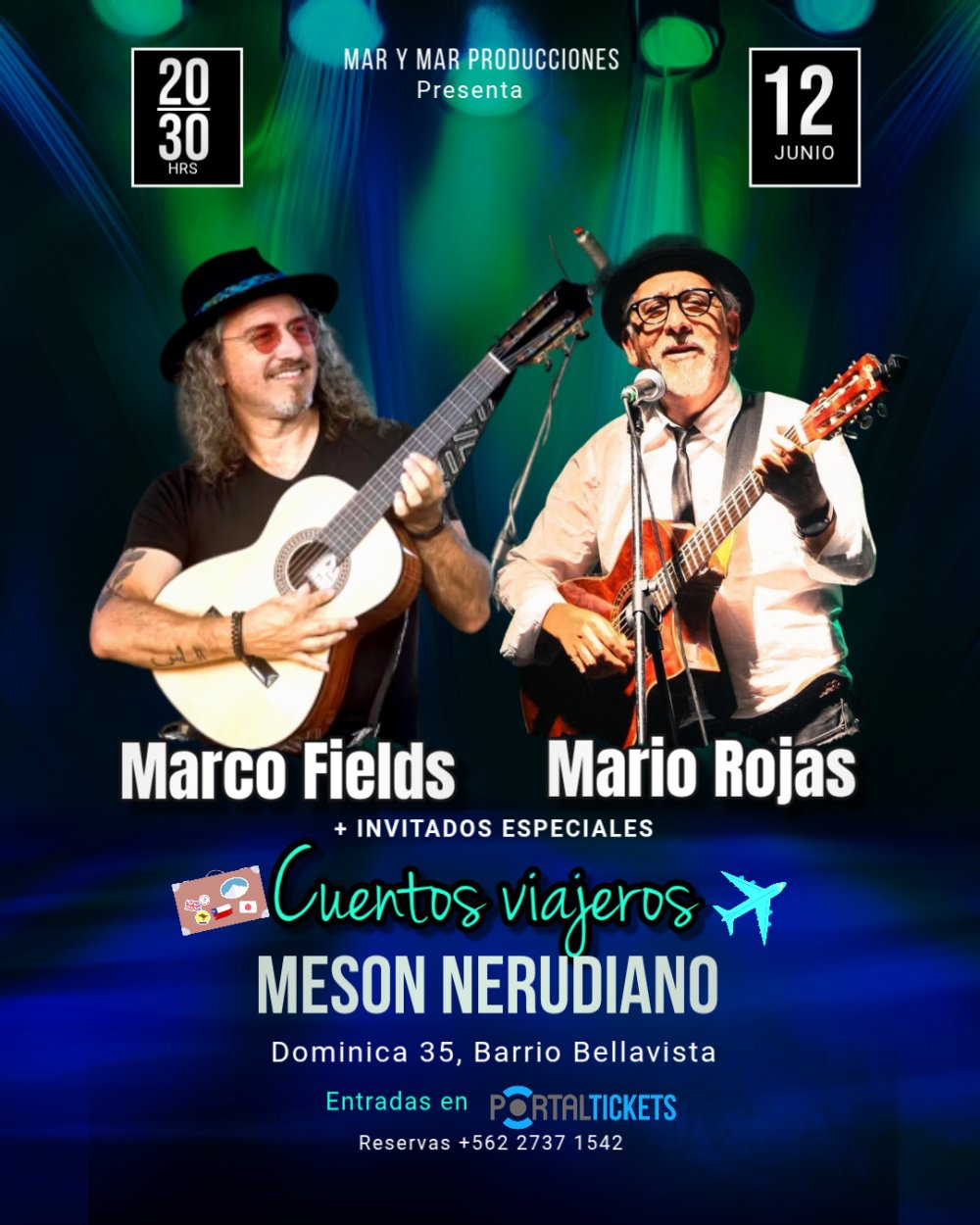 Flyer MARIO ROJAS + MARCO FIELDS: CUENTOS VIAJEROS EN EL MESÓN NERUDIANO