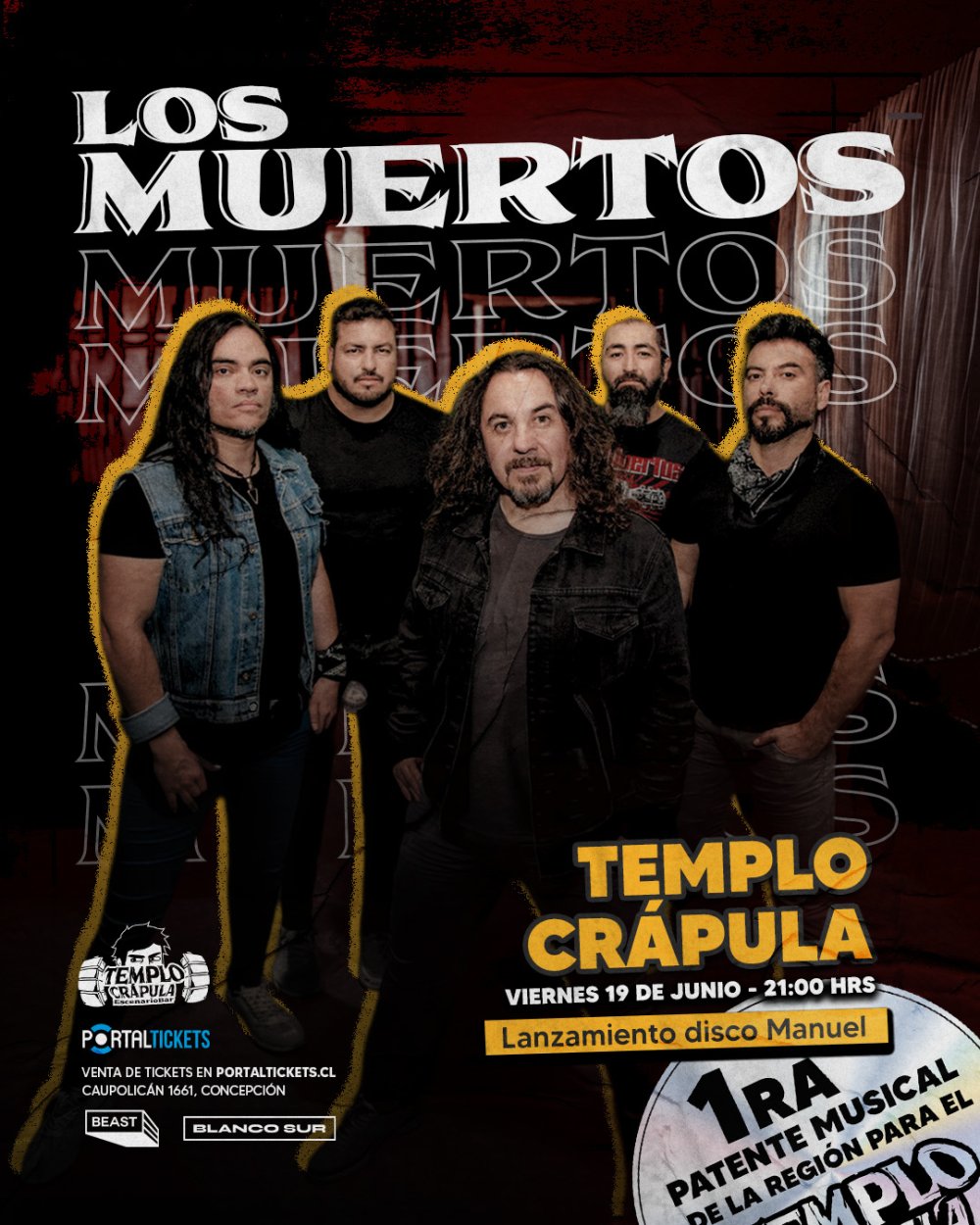 Flyer LOS MUERTOS LANZAMIENTO DISCO: MANUEL EN TEMPLO CRÁPULA, CONCEPCIÓN