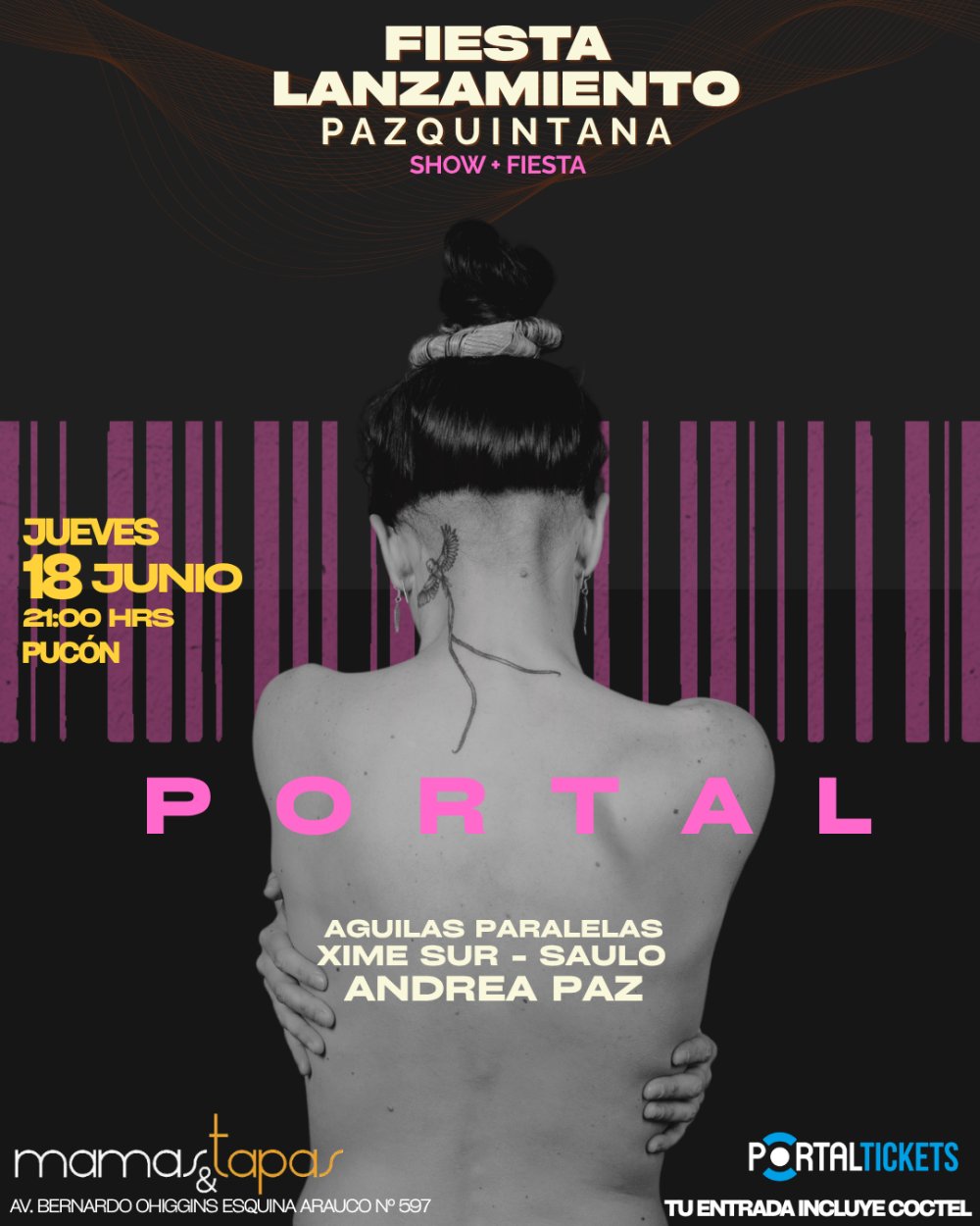 Flyer CONCIERTO LANZAMIENTO: PAZ QUINTANA EN MAMAS & TAPAS, PUCÓN