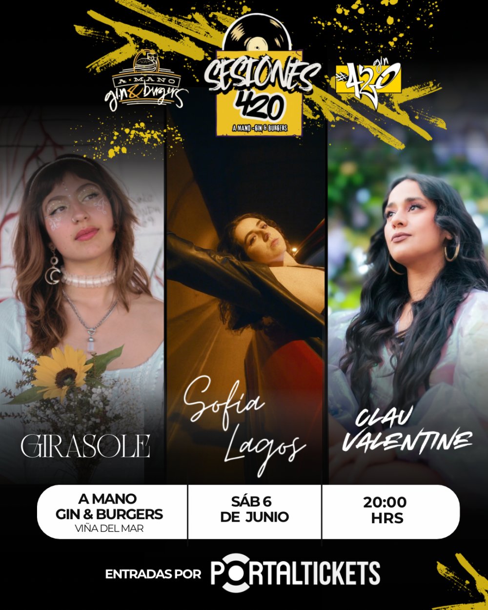 Imagen del evento: SESIONES 420 A MANO GIN: GIRASOLE + SOFIA LAGOS + CLAU VALENTINE EN VIÑA DEL MAR