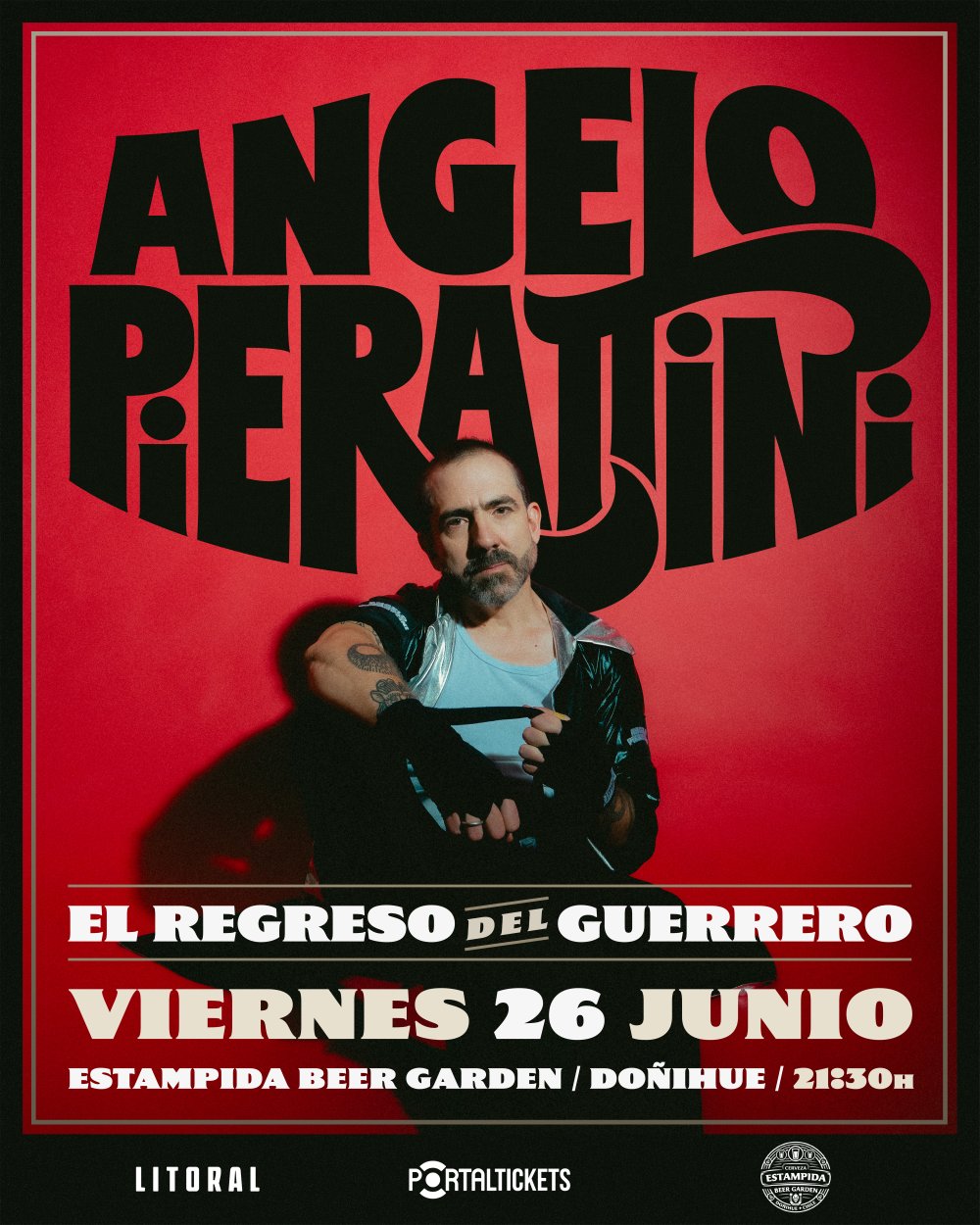 Flyer ANGELO PIERATTINI [EL REGRESO DEL GUERRERO] EN ESTAMPIDA BEERGARDEN, DOÑIHUE