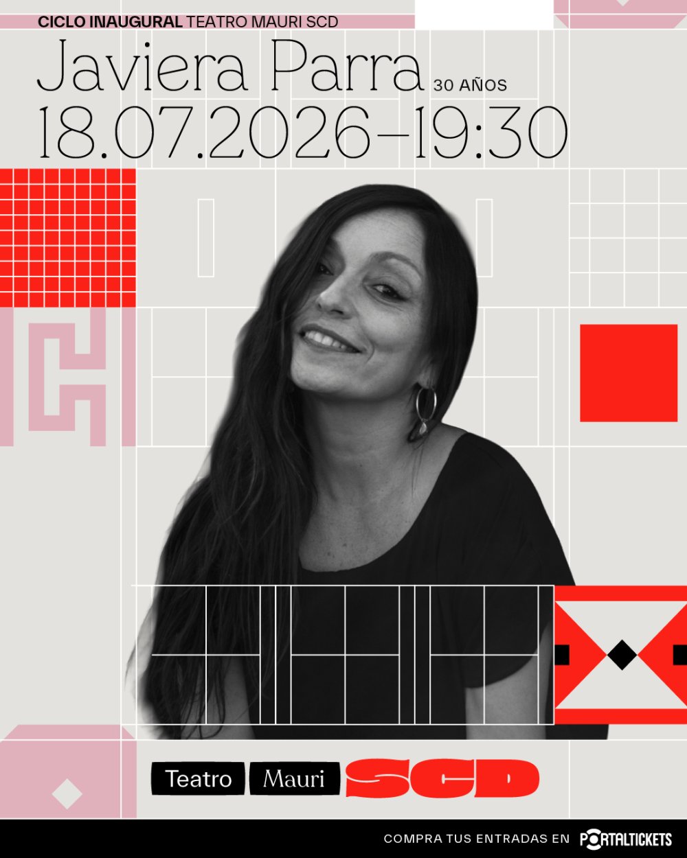 Flyer JAVIERA PARRA EN TEATRO MAURI SCD VALPARAÍSO