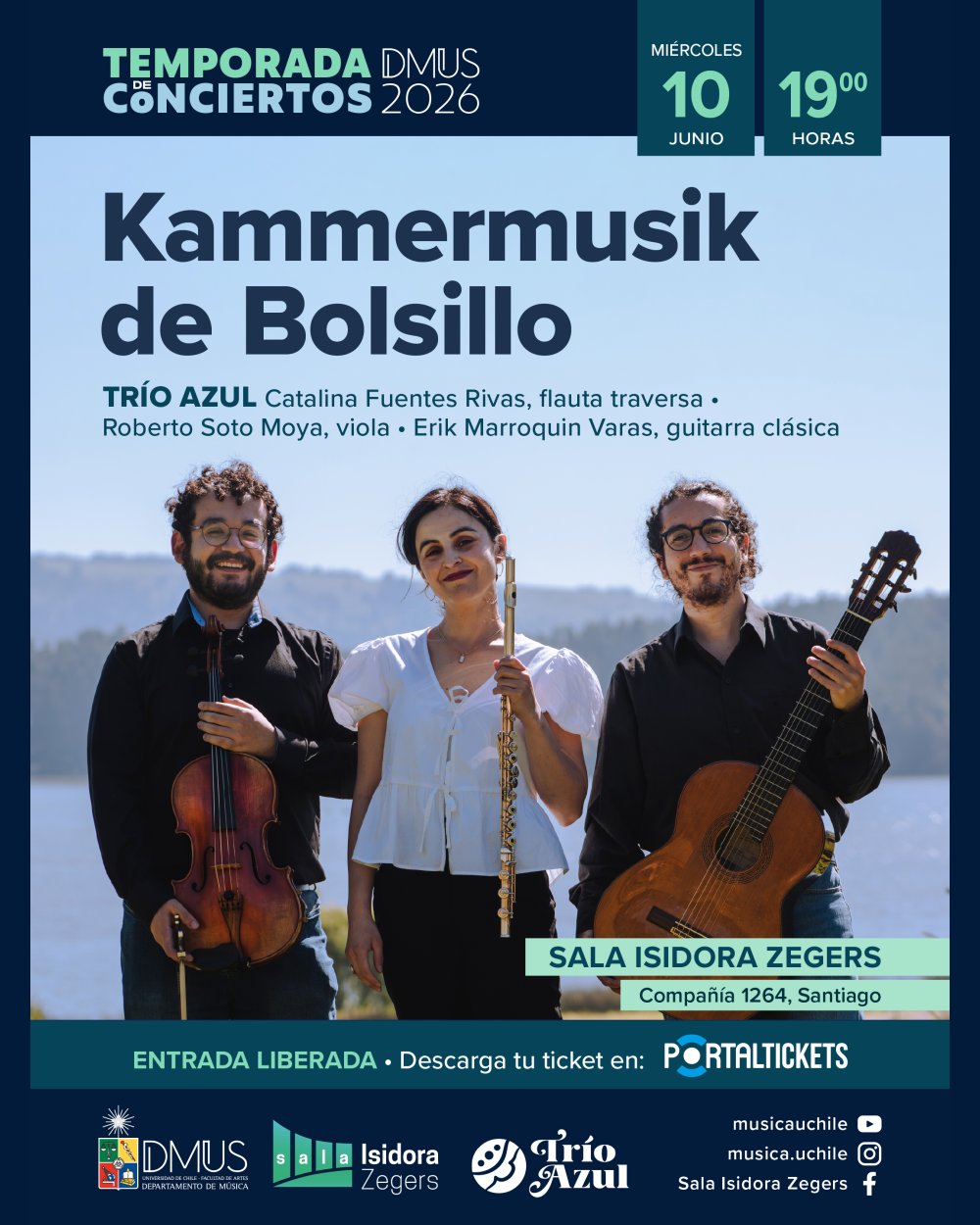 Flyer TRÍO AZUL: KAMMERMUSIK DE BOLSILLO EN SALA ISIDORA ZEGERS