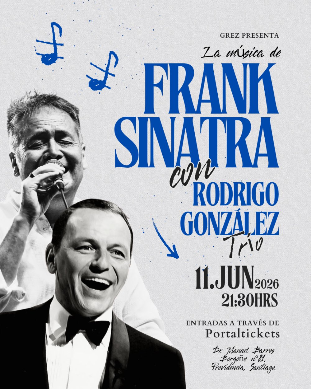 Flyer LA MÚSICA DE FRANK SINATRA CON RODRIGO GONZÁLEZ EN GREZ