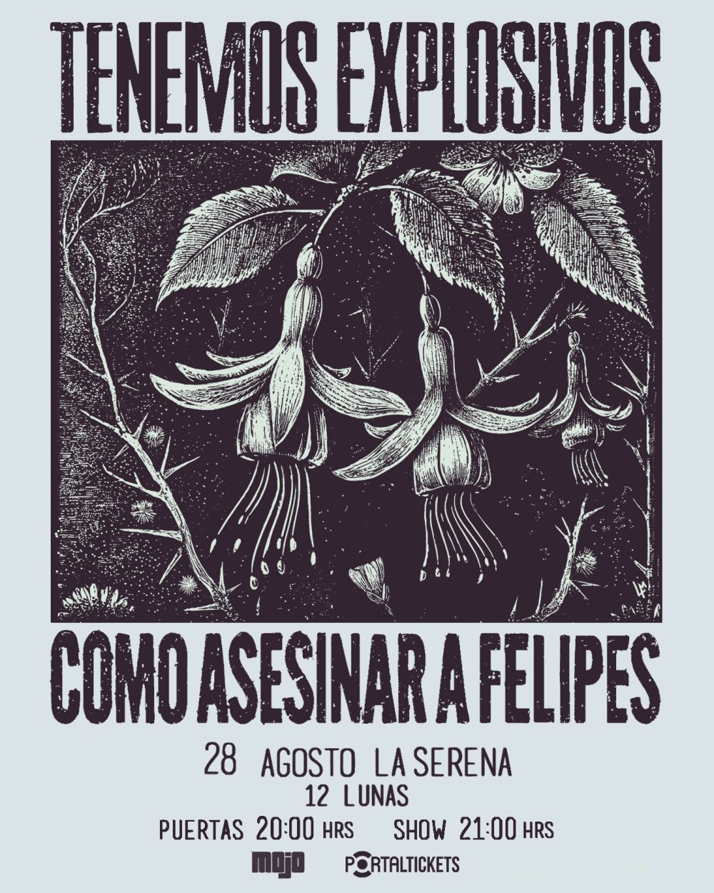 Flyer TENEMOS EXPLOSIVOS + COMO ASESINAR A FELIPES EN LA SERENA - 12 LUNAS 12 LUNAS RESTOBAR, LA SERENA