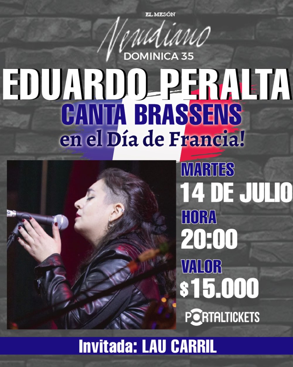 Flyer EDUARDO PERALTA CANTA BRASSENS + LAU CARRIL EN EL MESÓN NERUDIANO
