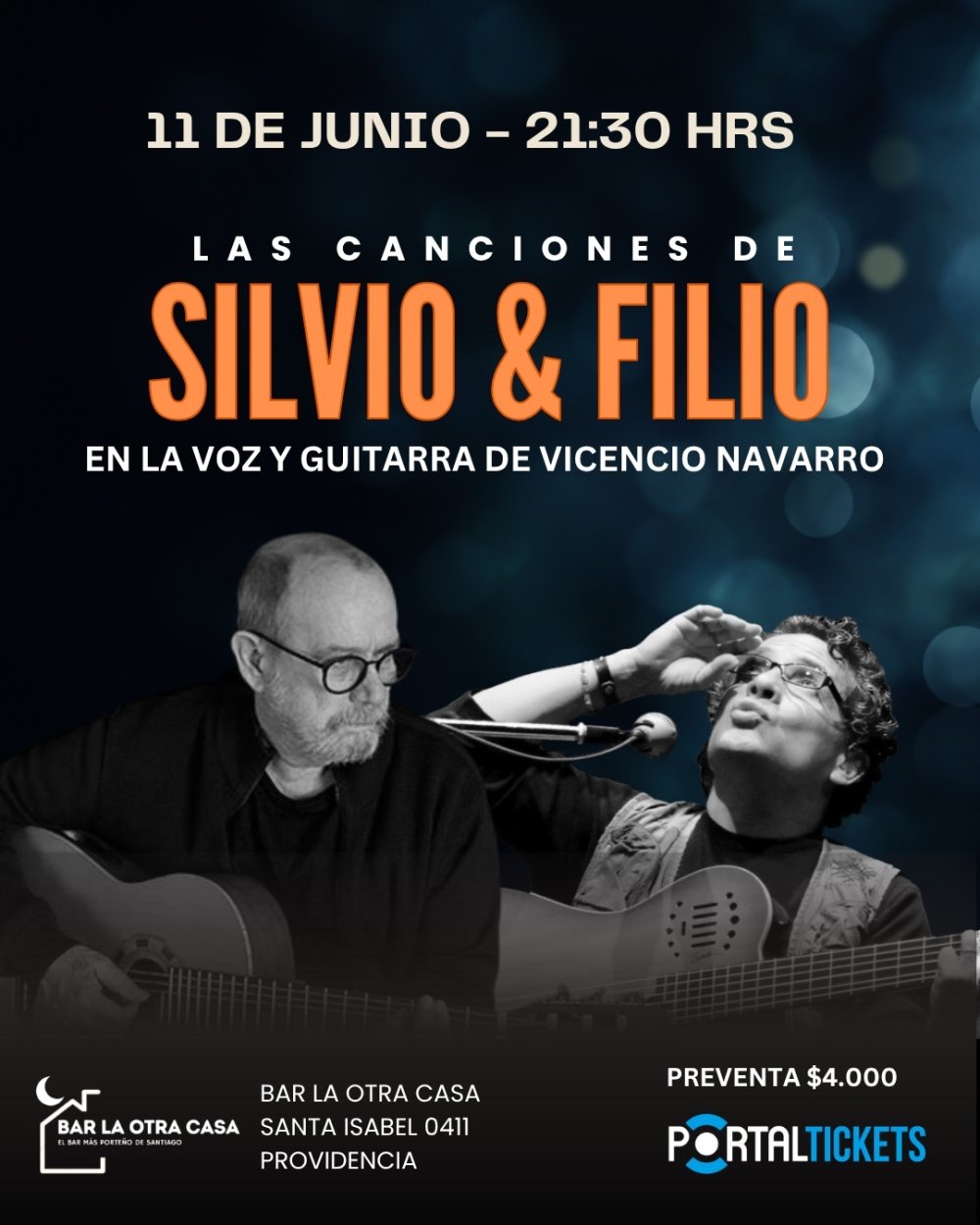 Flyer CANCIONES DE SILVIO & FILIO POR VICENCIO NAVARRO EN BAR LA OTRA CASA