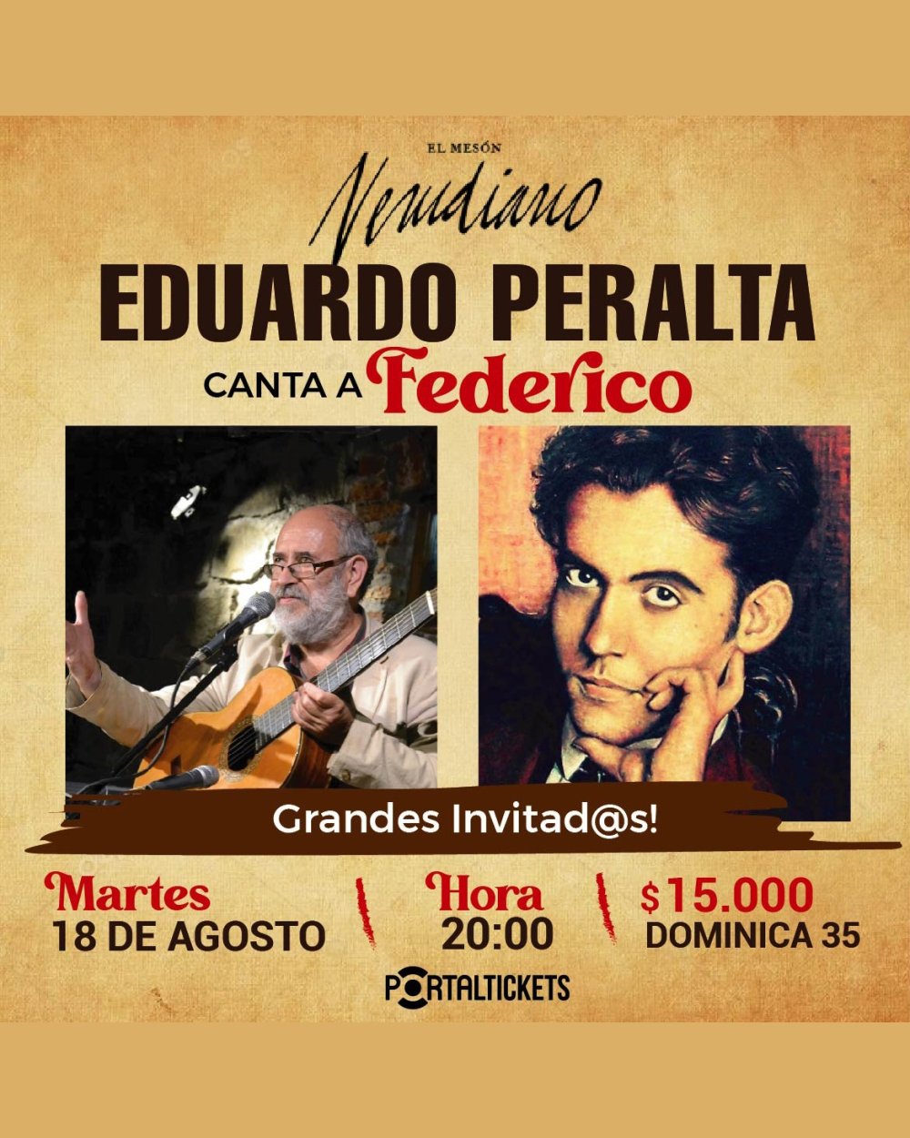 Flyer EDUARDO PERALTA CANTA A FEDERICO EN EL MESÓN NERUDIANO