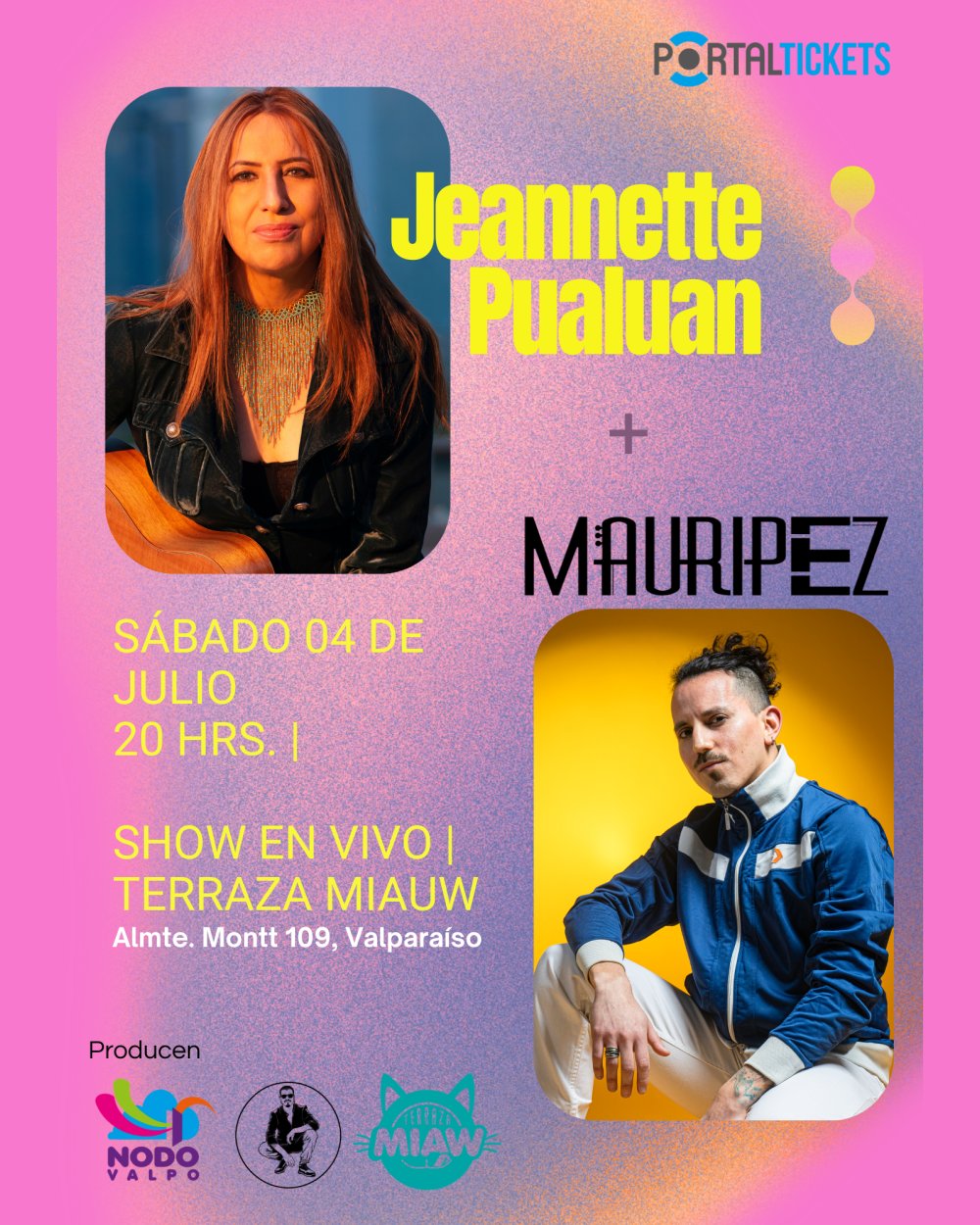 Flyer JEANNETTE PUALUAN + MAURIPEZ EN TERRAZA MIAUW, VALPARAÍSO