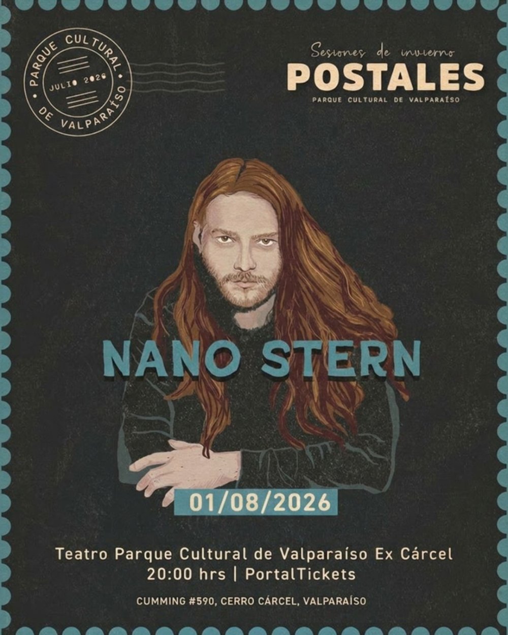 Flyer POSTALES PRESENTA A NANO STERN EN EL  PARQUE CUTURAL DE VALPARAÍSO, VALPARAÍSO