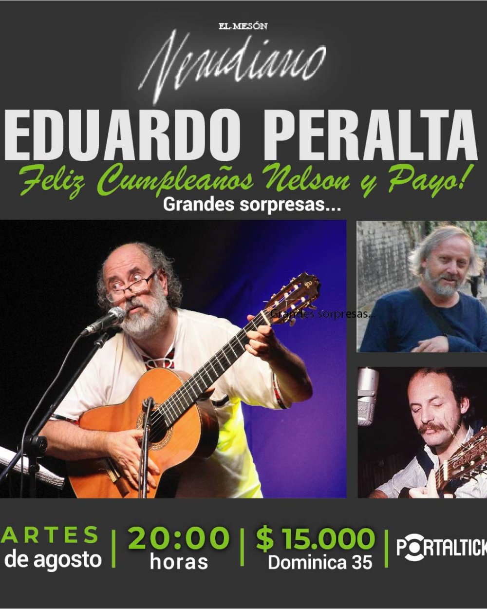 Flyer EDUARDO PERALTA FELIZ CUMPLEAÑOS NELSON Y PAYO EN EL MESÓN NERUDIANO
