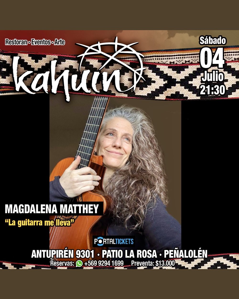 Flyer KAHUIN PRESENTA: MAGDALENA MATTHEY - LA GUITARRA ME LLEVA - SÁBADO 04 JULIO