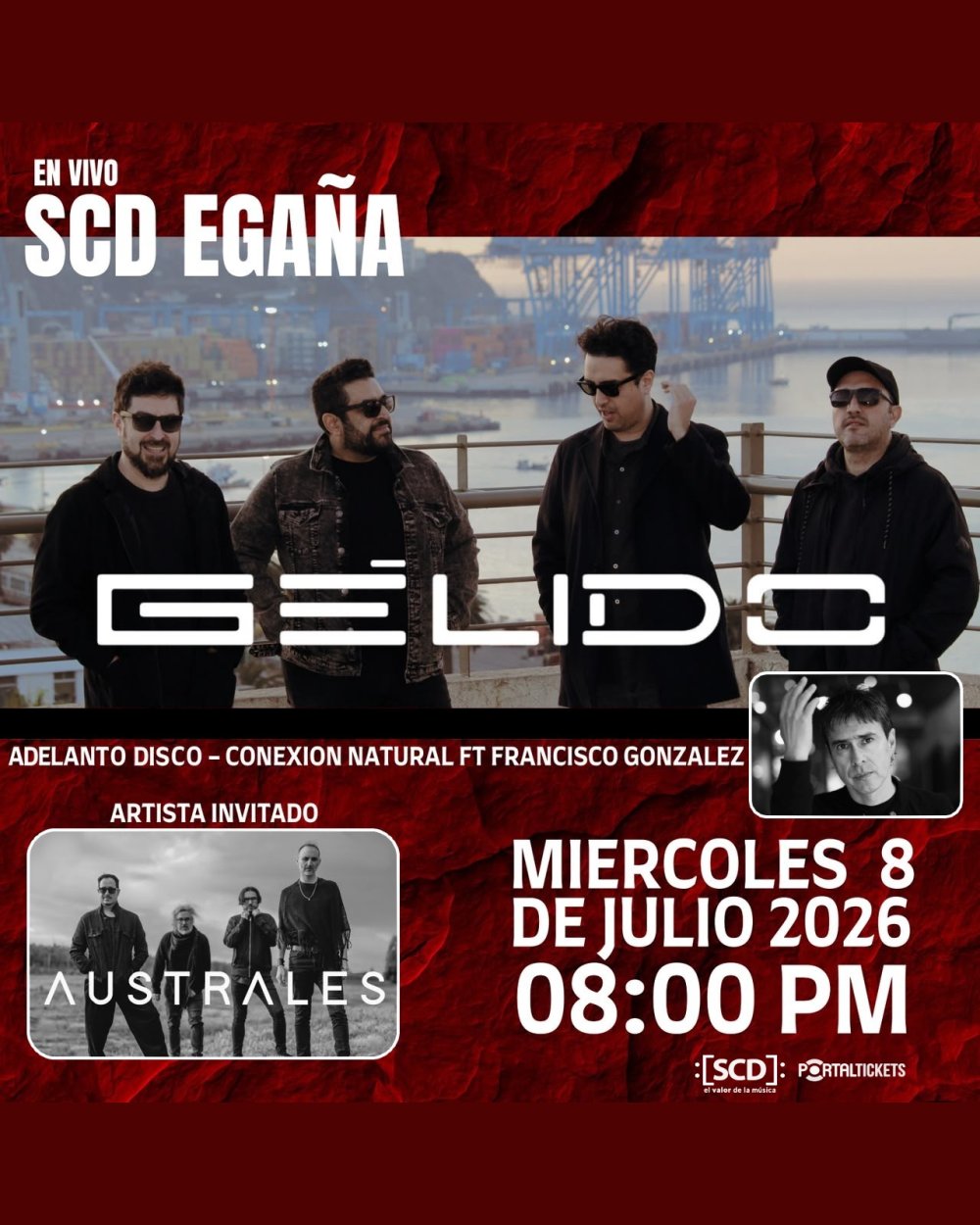 Flyer GÉLIDO + AUSTRALES EN VIVO EN SALA SCD EGAÑA
