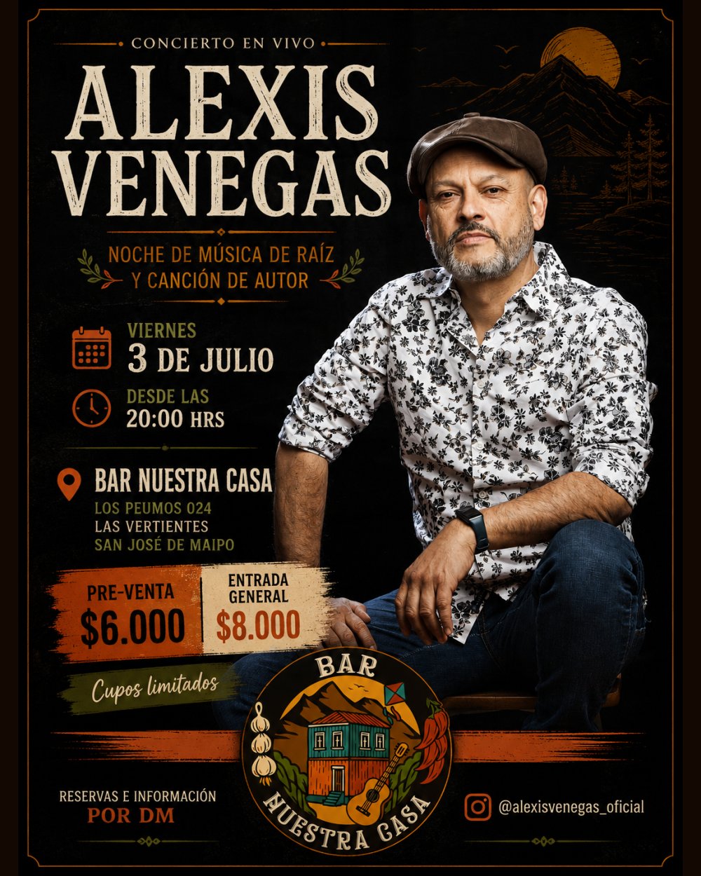 Flyer ALEXIS VENEGAS EN BAR NUESTRA CASA EN SAN JOSÉ DE MAIPO