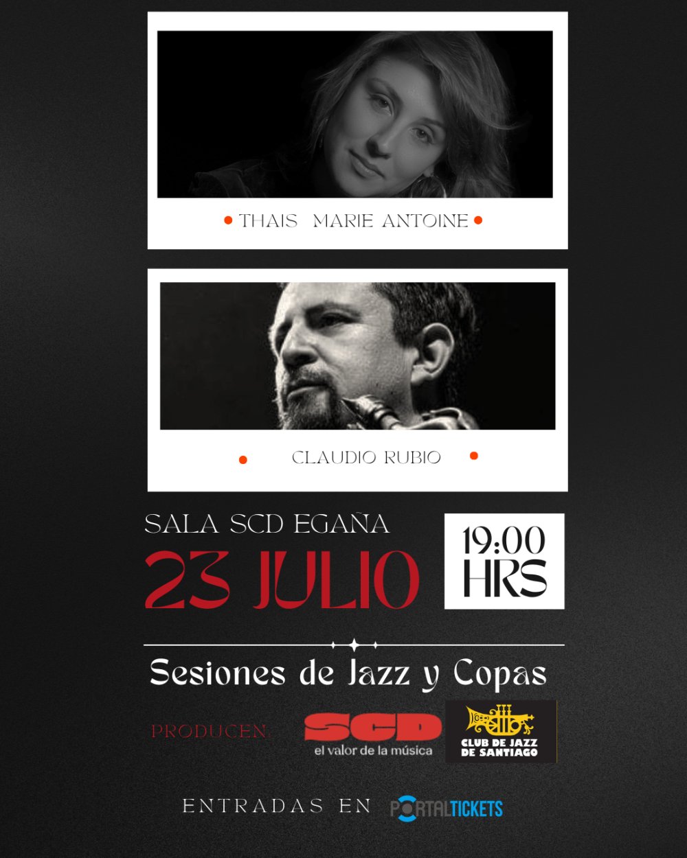 Flyer SESIONES DE JAZZ Y COPAS: THAIS MARIE|CLAUDIO RUBIO EN SALA SCD EGAÑA