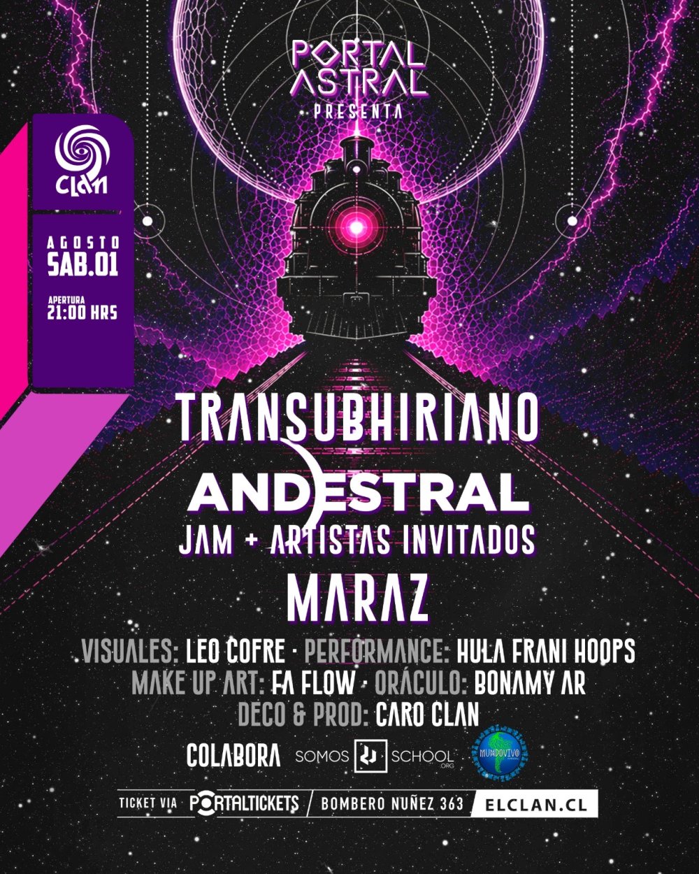Flyer CLAN PRESENTA: PORTAL ASTRAL XXI - TRANSUBHIRIANO & ANDESTRAL + DJ MARAZ