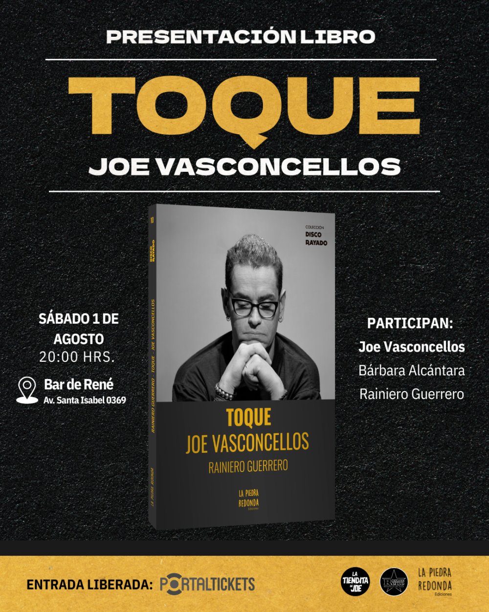 Flyer PRESENTACIÓN LIBRO TOQUE JOE VASCONCELLOS EN BAR DE RENÉ