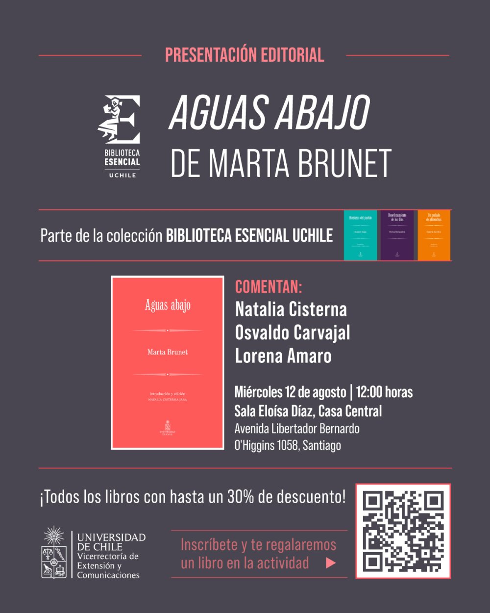 PRESENTACIÓN EDITORIAL AGUAS ABAJO DE LA COLECCIÓN “BIBLIOTECA ESENCIAL DE LA UNIVERSIDAD DE CHILE EN CASA CENTRAL