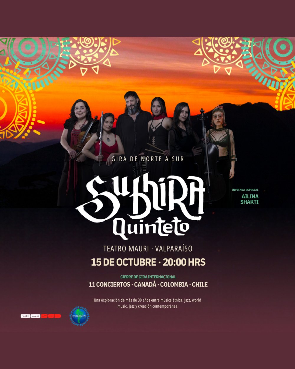 Flyer SUBHIRA QUINTETO GIRA NORTE A SUR EN TEATRO MAURI SCD, VALPARAÍSO