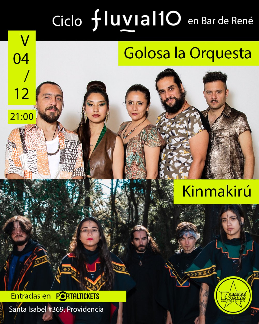 Flyer GOLOSA LA ORQUESTA + KINMAKIRÚ: CICLO FLUVIAL 10 AÑOS EN BAR DE RENÉ