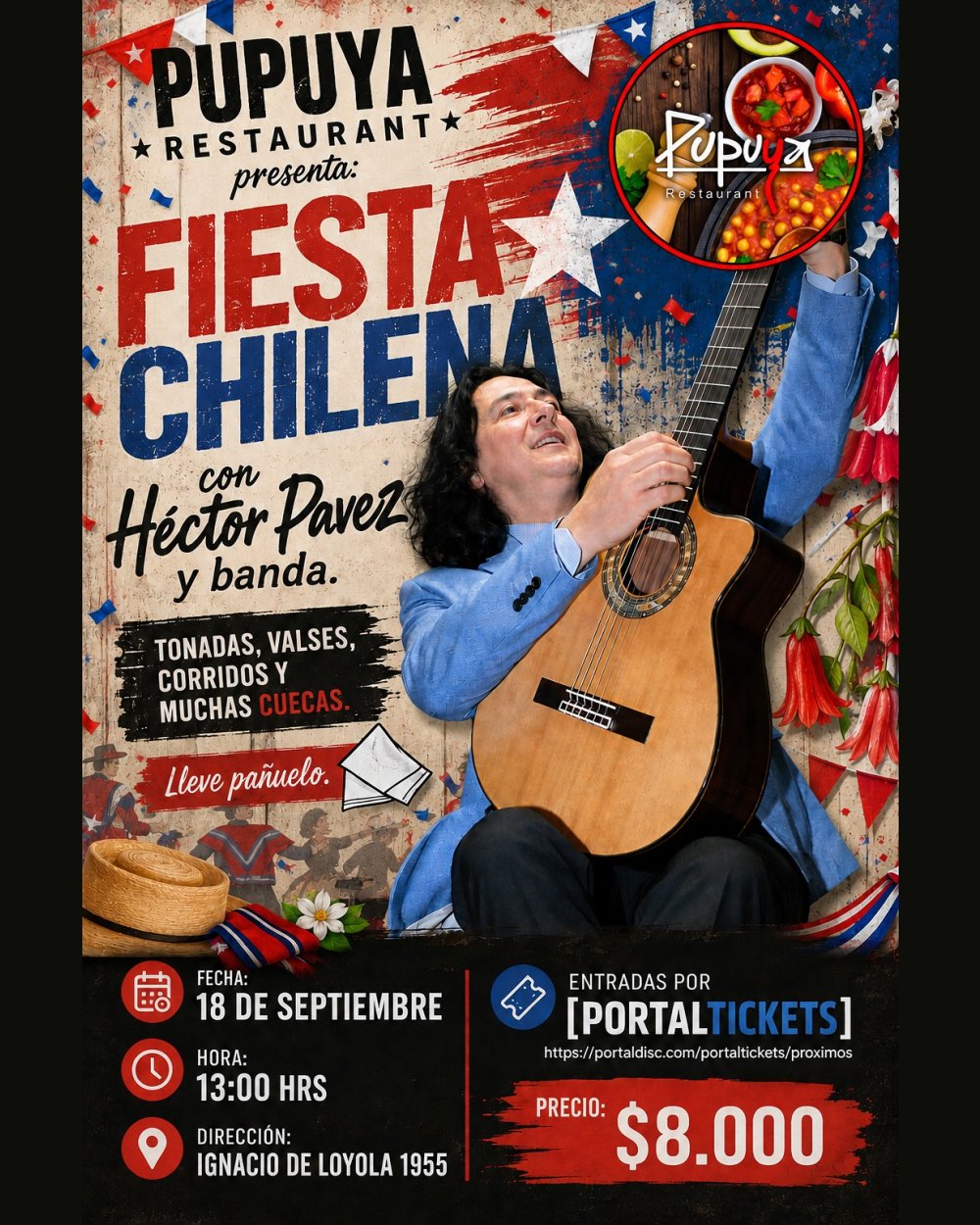 Flyer ALMUERZO CON HÉCTOR PAVEZ+BANDA EN PUPUIYA RESTAURANT