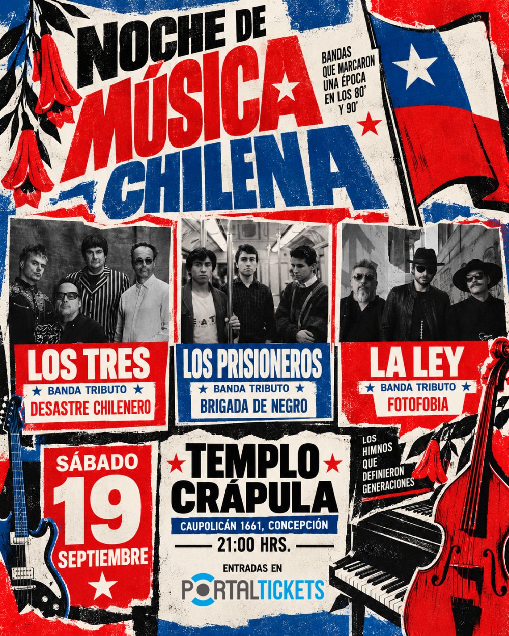 NOCHE DE MÚSICA CHILENA CON LOS TRES, LOS PRISIONEROS Y LA LEY EN TEMPLO CRÁPULA, CONCEPCIÓN