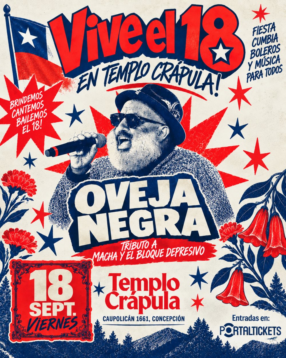 VIVE EL 18 DE SEPTIEMBRE! CON OVEJA NEGRA TRIBUTO AL MACHA Y EL BLOQUE DEPRESIVO EN TEMPLO CRÁPULA, CONCEPCIÓN