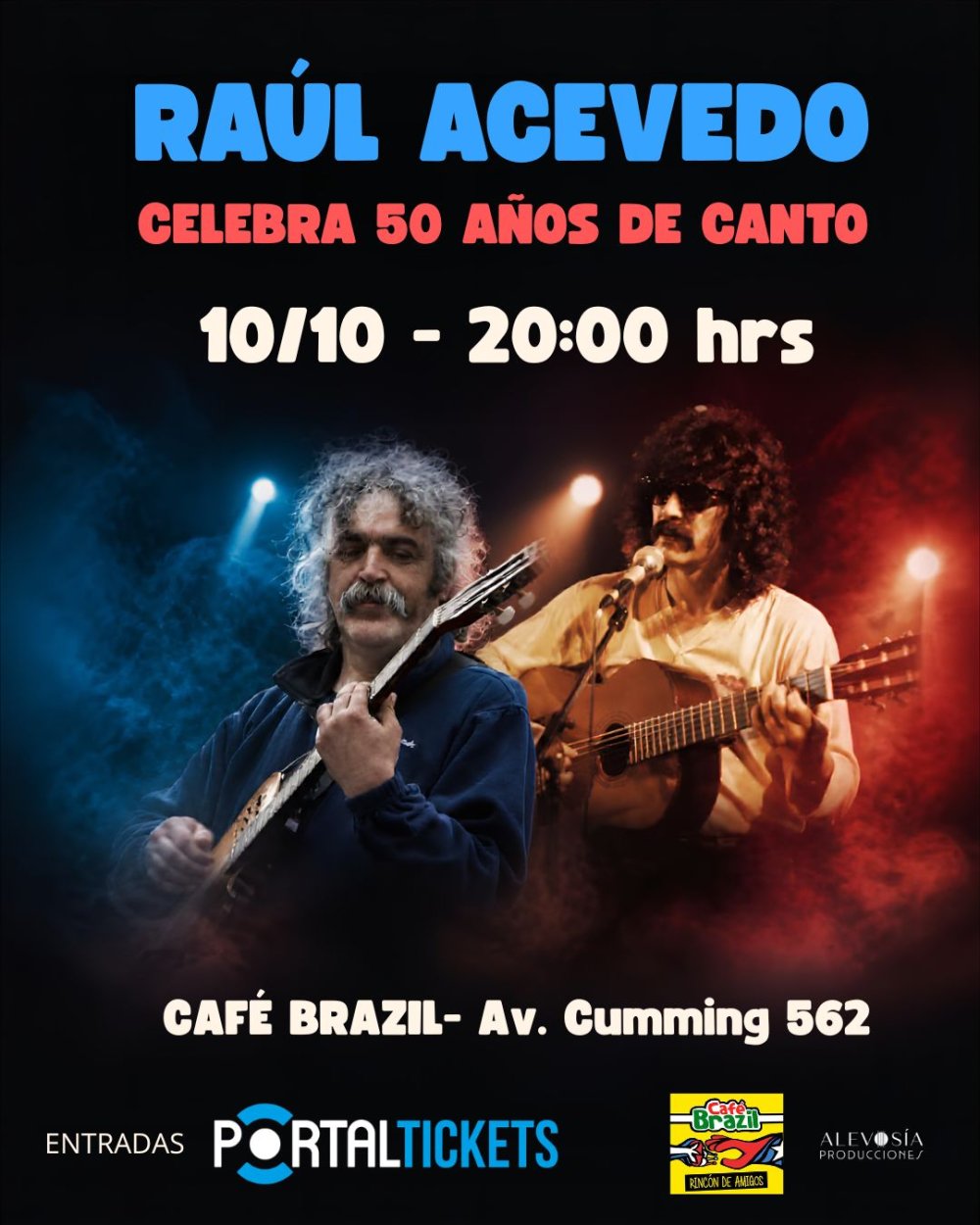 Flyer RAÚL ACEVEDO CELEBRA 50 AÑOS DE OFICIO EN CAFÉ BRAZIL