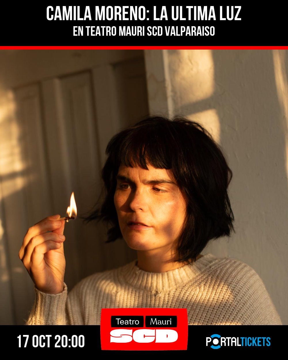 Flyer CAMILA MORENO: LA ÚLTIMA LUZ EN TEATRO MAURI SCD, VALPARAÍSO