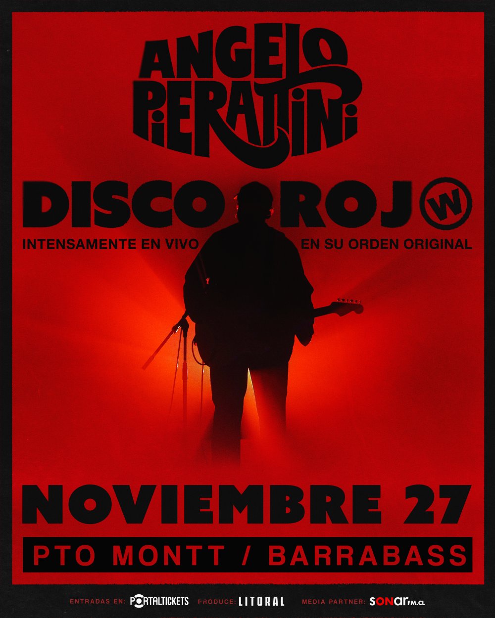 Flyer ANGELO PIERATTINI - DISCO ROJO EN VIVO EN BARRABASS, PUERTO MONTT